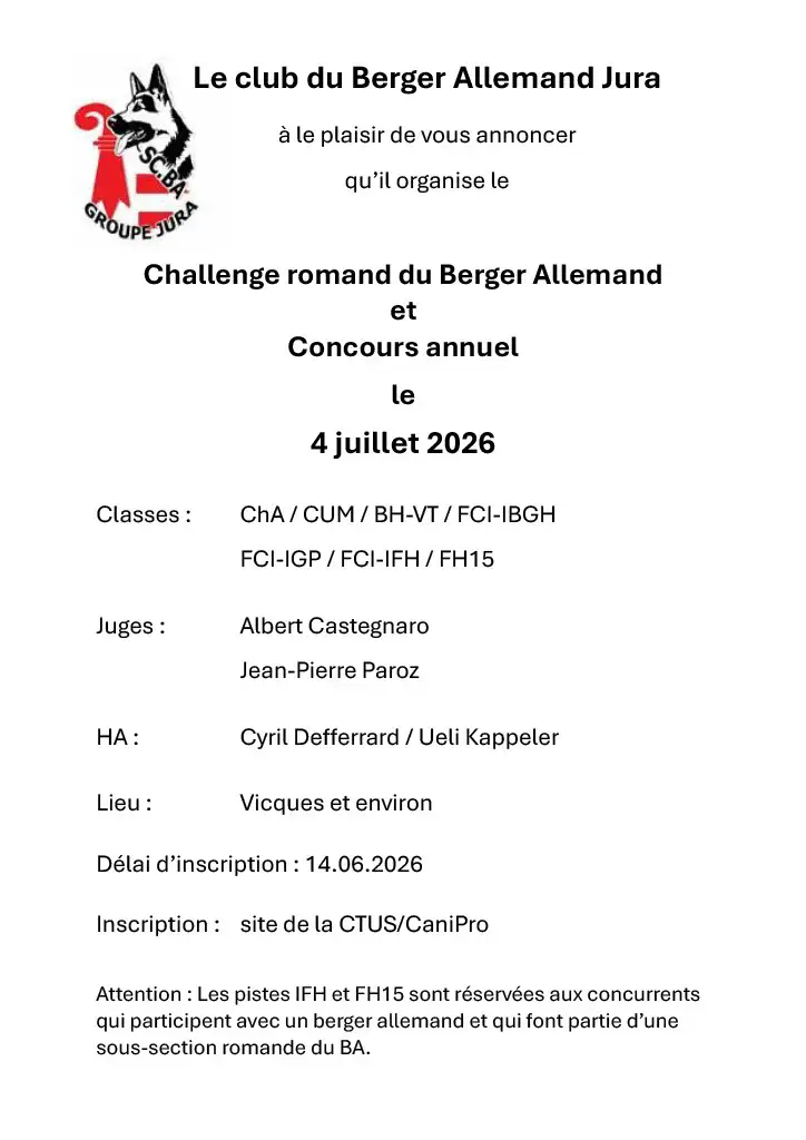 Challenge romand du Berger Allemand et Concours annuel le 4 juillet 2026